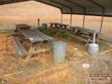 6 Used Pressure Treated Wood Picnic Table, 3 Metal Trash Cans, 2 Cigarette Pails