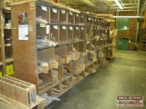 Metal Rack with Wood Patterns and Jigs and 2 Barrels and Wooden Rolling Rack of Patterns and Jigs