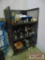 Metal shop cabinet on casters, with contents