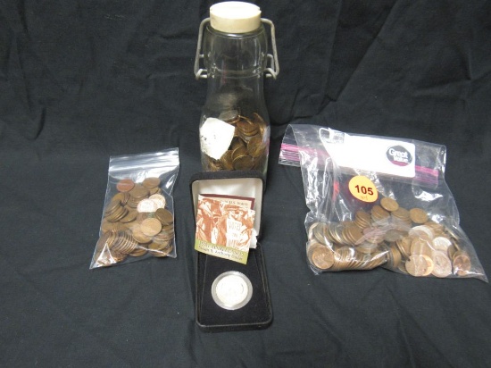 large assortment of Wheat pennies and other coins