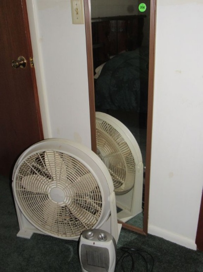 Fan, heater, and mirror