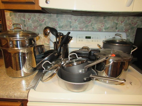 Assorted pots and pans and more