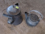Enamel coffee pot and cast iron kettle