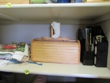 Wooden bread box and towels