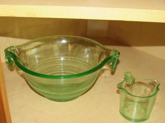 Green glass mixing bowl and more