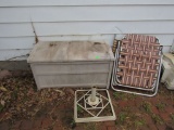 Outdoor storage container, chairs and umbrella stand