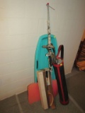 Sled, golf clubs and badminton set