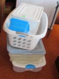 Plastic containers and laundry basket