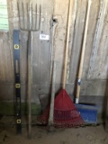 4 foot level, 6 tine fork, grub hoe, Rake, Shovel