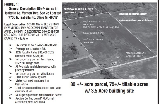 LYDY FARM LLC. ISABELLA COUNTY 80 ACRE FARMLAND
