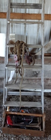 WOOD STEP LADDER, ROPE BLOCK & TACKLE, WOOD CARPENTER BOX W/ MISC.