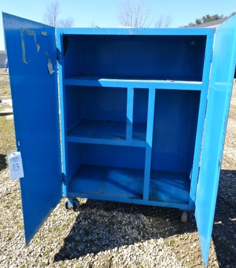 LG. BLUE METAL SHOP CABINET ON CASTERS