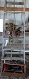 WOOD STEP LADDER, ROPE BLOCK & TACKLE, WOOD CARPENTER BOX W/ MISC.