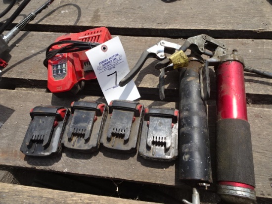 (4) MILWAUKEE 2.0 M-18 BATTERIES W/ CHARGER, 2 HAND GREASE GUNS