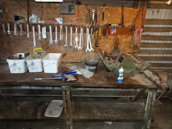 8" METAL SHOPTABLE W/ VISE & HAND TOOLS