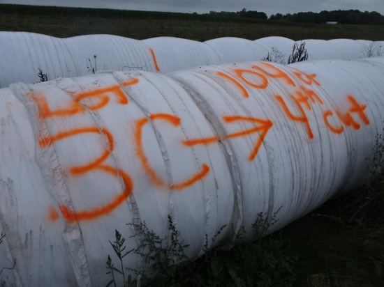 (104) 4’X5’ ROUND BALES OF 2021 4TH CUTTING HI-MOISTURE HAY, WRAPPED