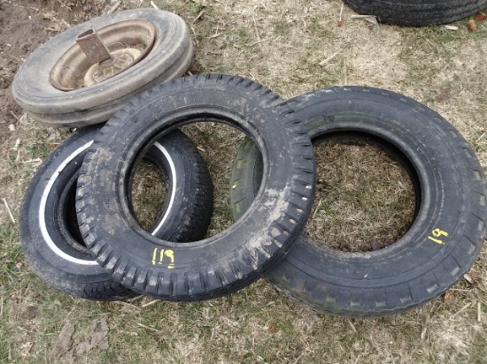 (4) 16" TIRES, 1 WITH 5 BOLT IMPLEMENT RIM