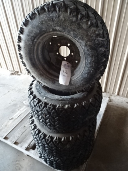 SET OF 4 LOW USE KUBOTA UTV. TAKE OFF MTD. TIRES, 350 MAG OFF ROAD 25X10”00-12NHS OTR TIRES MTD. ON