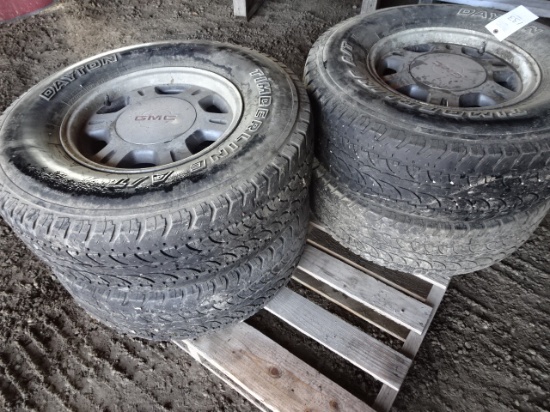 SET OF 4 GMC 6 BOLT ALUM. PICKUP RIMS W/ DAYTON 16” TIRES, FIT 1997 GMC & OTHERS