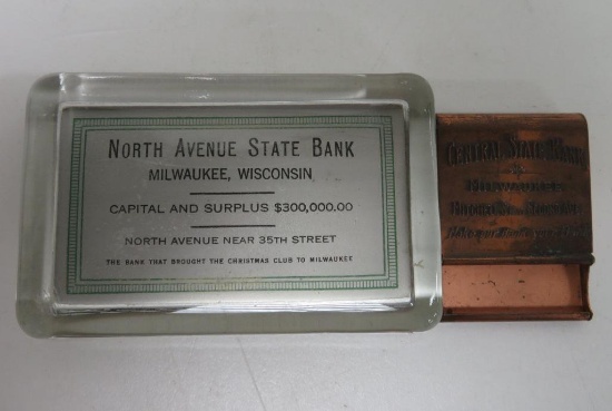 Two Milwaukee bank advertising items, match holder and paperweight