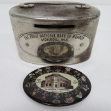 Two Monroe Wisconsin banking items, still bank and pocket mirror