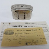 Two Badger State Bank checks and Traveling Teller bank