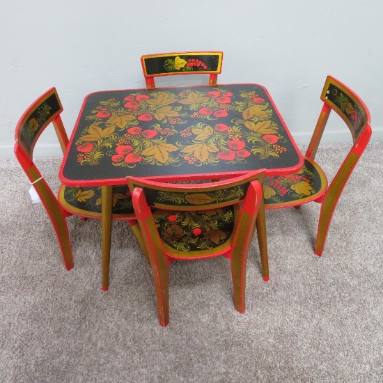 Ornate Painted Russian Child's Table and Chair Set