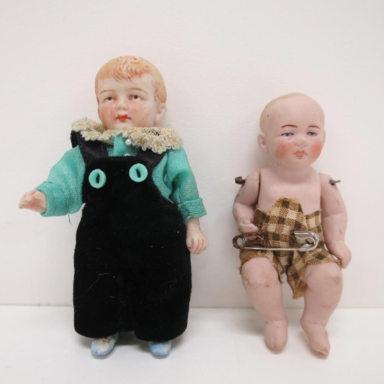 Two Miniature Bisque Doll House Dolls