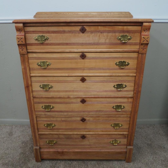 Six Drawer Spoon Carved High Boy Dresser