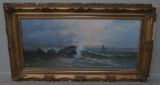 Ornate Framed Pastel of Seaside with Sailboats