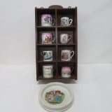 Collection of Children's Cups in Wooden Display and Feeding Dish