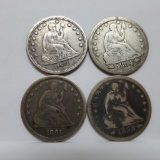 Four seated Liberty quarters