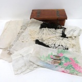 Box Lot of Linens and Small Wood Chest