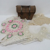 Lot of LInens, Including Battenberg and woven basket purse