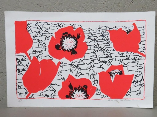 Pencil signed and numbered print by Schumer Lichtner, "Orange Poppies and 100 Cows" 83/100