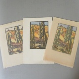 Three 1928 Certosa Hill Italy lino cut prints pencil signed