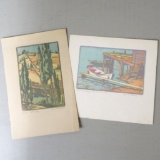 Two Elsa Ulbricht Lino cut prints Boat Landing and Certosa Hills