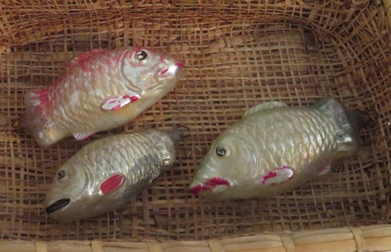 Three vintage glass fish ornaments