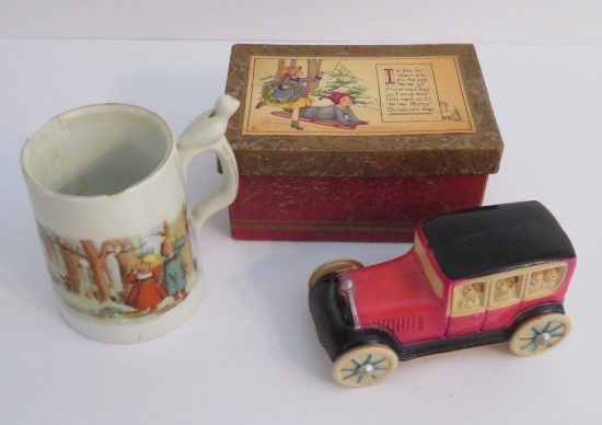 Vintage Celluloid Christmas Car, Babe in Woods whistle mug and vintage inspired Box