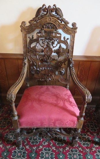 William and Mary style chair heavily carved with birds