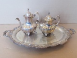 Silverplate tea pots and serving tray
