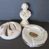 Two decorative ashtrays and a bust of Shakespeare