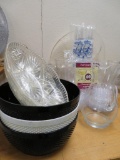 Assorted Plasticware, etched glass pitcher, and eagle glasses