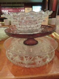 Pedestal cake plates, Fostoria bowl and pattern glass plates