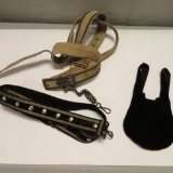 Two sword belts, slides, chain and velvet belt bag