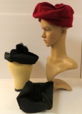 Three Biretti style hats, three and four wing, black and red