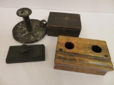 Wooden Ink well, box, tin candle stick and ornate blotter stamp