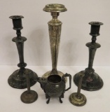 Five Candle holders and ornate pitcher