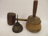 Two antique wooden mallets and oil can