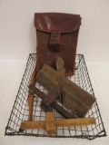 Lot of antique tools, leather case and metal wire letter tray